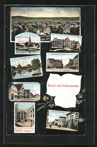 AK Holzminden, Neue Strasse, Halbmondstrasse und Baugewerkschule