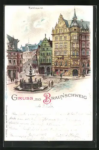 Lithographie Braunschweig, Kohlmarkt aus der Vogelschau