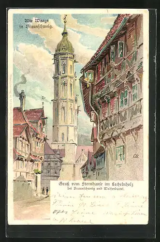 Lithographie Braunschweig, Blick auf die alte Waage