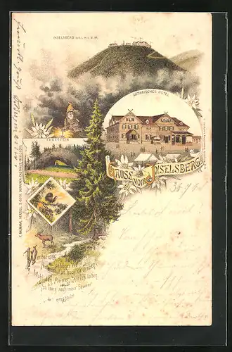 Lithographie Inselsberg, Gothaisches Hotel und der Thorstein