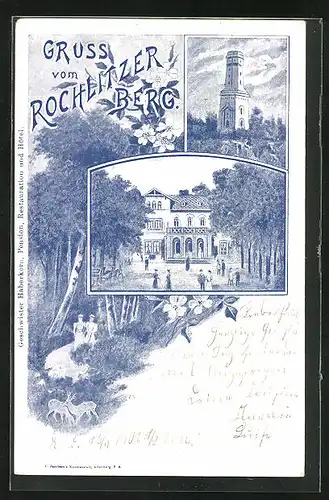 Mondschein-Lithographie Rochlitz, Teilansichten vom Ort mit Turm und flanierenden Damen