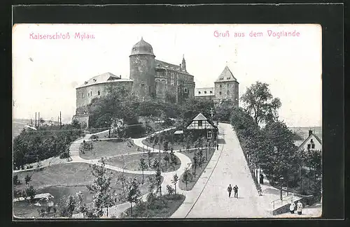 AK Mylau i. V., Kaiserschloss mit Besuchern