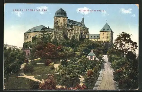 AK Mylau i. V., Kaiserschloss mit Besuchern aus der Vogelschau