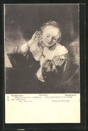 Künstler-AK Rembrandt: Une jeune femme à sa toilette, Musée de l`Ermitage, Rotes Kreuz Russland