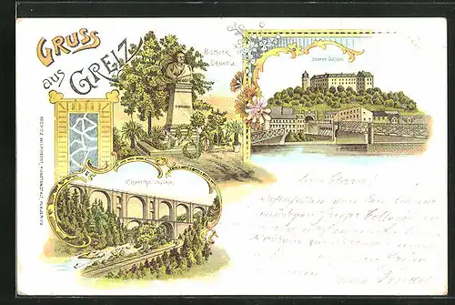 Lithographie Greiz, Teilansichten vom Ort, Bismarck-Denkmal und Elsterthalbrücke