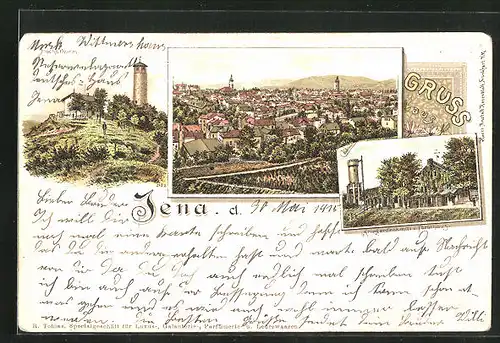 Lithographie Jena, Teilansichten vom Ort, Fuchsturm und Kriegerdenkmal