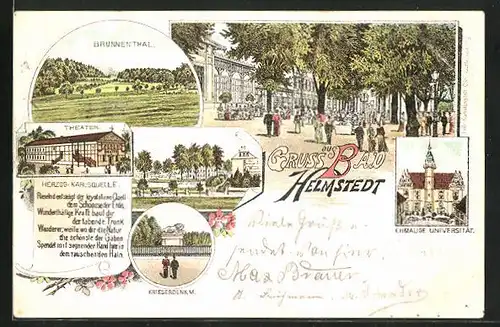 Lithographie Bad Helmstedt, Teilansichten vom Ort, Brunnenthal und Kriegerdenkmal