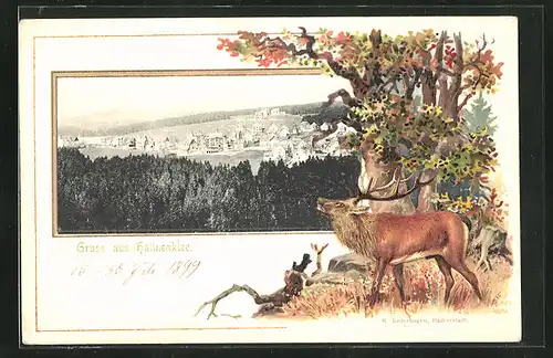 Passepartout-Lithographie Hahnenklee, Stadt aus der Vogelschau und Röhrenden Hirsch