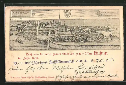 Künstler-AK Husum, alte künstlerrische Darstellung von der Stadt 1603