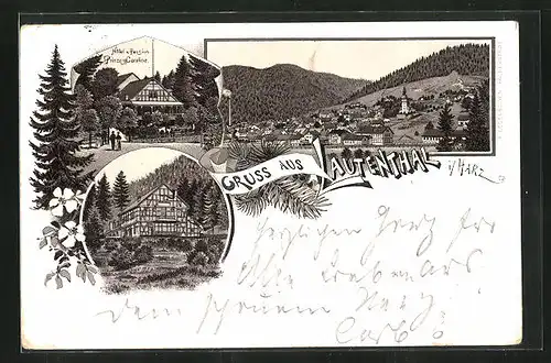 Vorläufer-Lithographie Lautenthal i. Harz, 1895, Hotel und Pension Princess Caroline