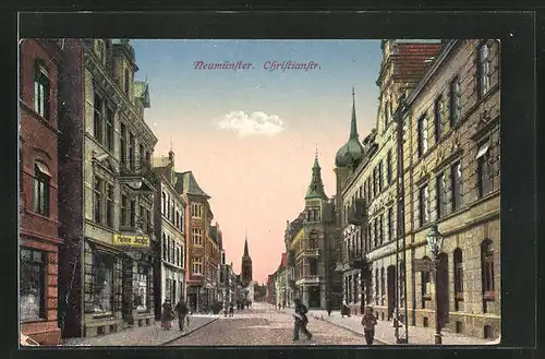 AK Neumünster, Christianstrasse in der Abenddämmerung