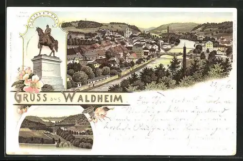 Lithographie Waldheim, Teilansicht, Kaiser-Standbild, Ortspartie mit Brücke