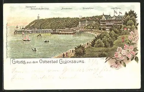 Lithographie Glücksburg, Strandhôtel & Logierhaus mit Damenbad, Dampfschiffbrücke, Herrenbad