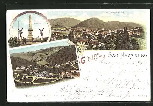 Lithographie Bad Harzburg, Actienhôtel, Canossa Denkmal, Teilansicht