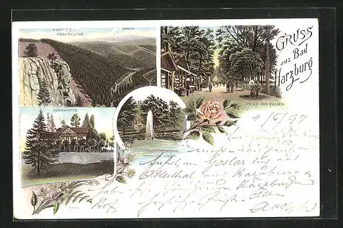 Lithographie Bad Harzburg, Sennhütte, Fontaine unter den Eichen, Blick v. d. Rabenklippe