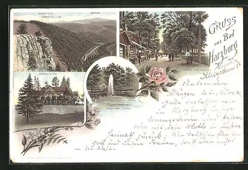 Vorläufer-Lithographie Bad Harzburg, 1895, Sennhütte, Fontaine unter den Eichen, Blick v. d. Rabenklippe