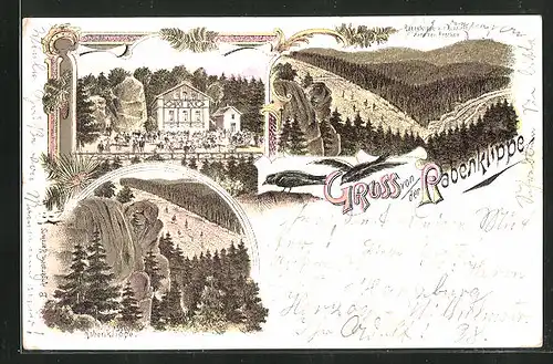 Lithographie Bad Harzburg, Gasthaus Rabenklippe, Aussicht nach dem Brocken