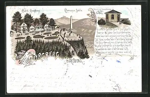 Lithographie Harzburg, Hotel Burgberg, Cannossa Säule, Gedicht am Kaiserbrunnen