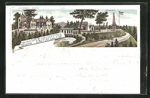 Lithographie Harzburg, Hôtel Burgberg mit Canossasäule und Brocken