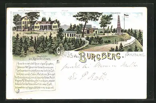 Lithographie Harzburg, Hôtel Burgberg mit Canossasäule und Brocken, Gedicht am Kaiserbrunnen