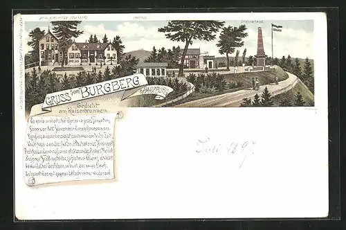 Lithographie Harzburg, Hôtel Burgberg mit Canossasäule und Brocken, Gedicht am Kaiserbrunnen