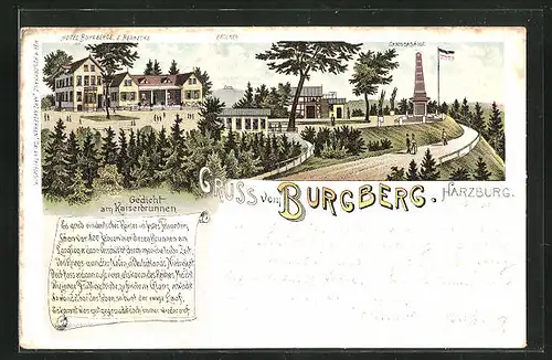 Lithographie Harzburg, Hôtel Burgberg mit Canossasäule und Brocken, Gedicht am Kaiserbrunnen