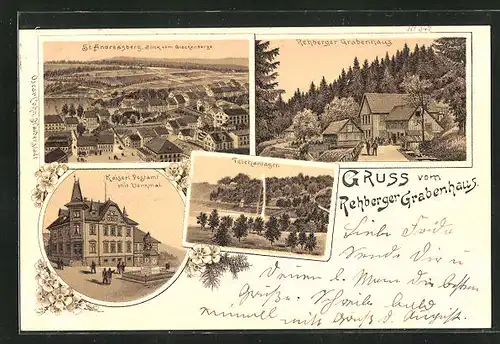 Lithographie St. Andreasberg, Gasthaus, Rehberger Grabenhaus, Teichanlagen, Kaiserliches Postamt mit Denkmal
