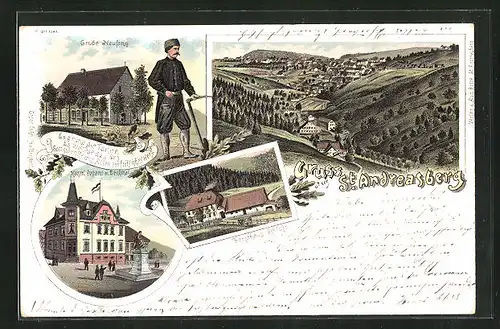 Lithographie St. Andreasberg, Grube Neufang, Forsthaus Schluft, Kaiserliches Postamt m. Denkmal