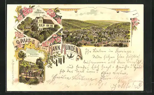 Lithographie Hann-Münden, Hôtel Bergschlösschen, Weg, Teilansicht