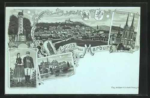 Mondschein-Lithographie Marburg a / Lahn, Kaiser Wilhelm Turm, Universität, Elisabethkirche