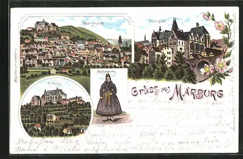 Lithographie Marburg, Schloss, Universität, Marburgerin