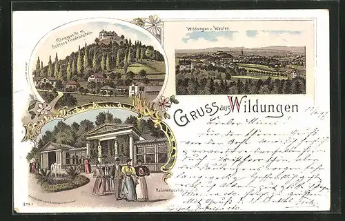 Lithographie Wildungen, Teilansicht von Westen, Königsquelle mit Schloss Friedrichstein, Helenenquelle