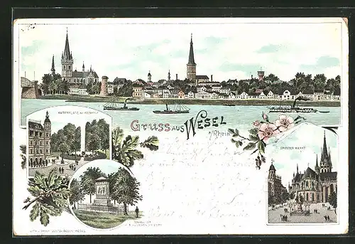 Lithographie Wesel a. Rhein, Kaiserplatz mit Kaiserhof, Denkmal der Schill`schen Offiziere, Grosser Markt