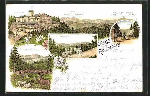 Lithographie Ravensberg, Hotel u. Restaurant mit Rehberg und Langem Acker, Blick vom Marschallplatz n. d. Brocken