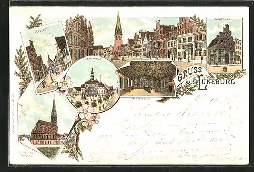 Lithographie Lüneburg, Giebelhaus und Rathaus Laube