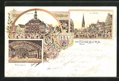 Lithographie Lüneburg, Rathaus, Rathauslaube und Am Sande