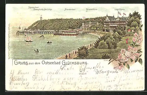 Lithographie Glücksburg, Strandhotel und Damenbad