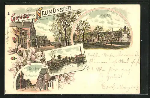 Lithographie Neumünster, Kleinflecken, Mühlteich und Kieler Strasse