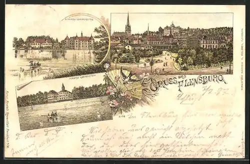 Lithographie Flensburg, Schloss Gravenstein, Schloss Glücksburg