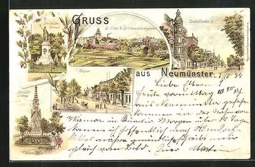 Lithographie Neumünster, Strassenpartie Grossflecken I, Rathaus, Drei-Kaiser-Denkmal