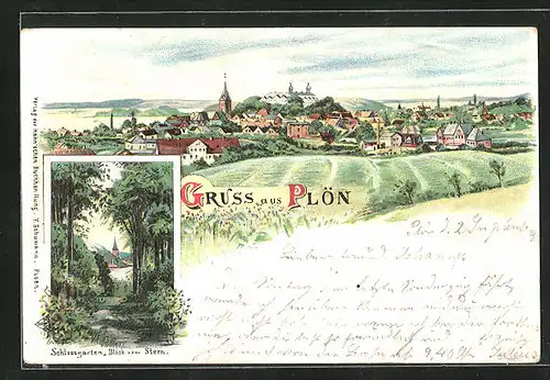 Lithographie Plön, Schlossgarten-Blick vom Stern, Ortsansicht