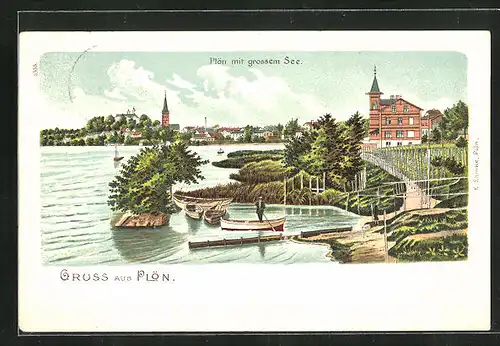 Lithographie Plön, Blick über den See auf die Stadt
