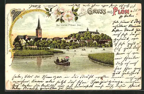 Lithographie Plön, Blick über den Kleinen Plöner See zur Kirche