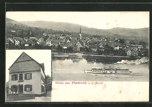 AK Pünderich /Mosel, Gasthaus, Dampfer passiert den Ort