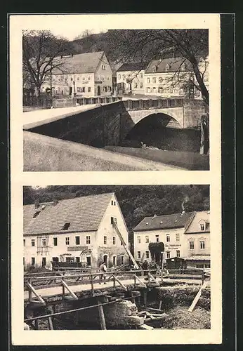 AK Bad Berggiesshübel, An der Brücke vor und nach Unwetter 1927