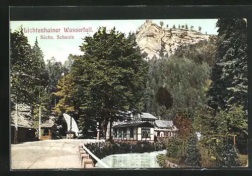 AK Lichtenhain / Sächs. Schweiz, Lichtenhainer Wasserfall mit Gasthaus