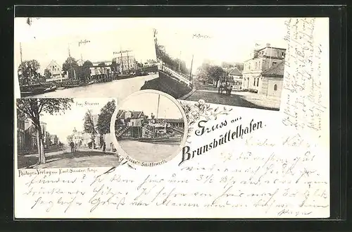 AK Brunsbüttelhafen, Hafenstrasse mit Hotel zur Post, Doose`s Schiffswerft, Hafen