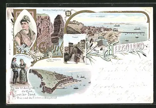 Lithographie Helgoland, Mönch und Predigerstuhl, Treppe, Nationaltanz