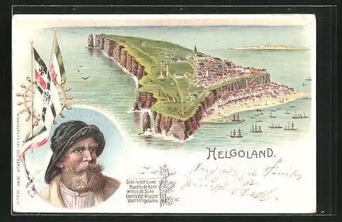 Lithographie Helgoland, Ortsansicht, Helgoländer