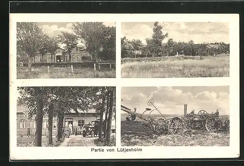 AK Lütjenholm, Bäckerei und Hökerei A. Giebel, Bauern mit Maschinen auf dem Feld, Ortspartie